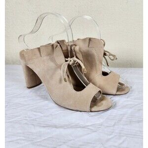 Antonio Melani Tan Suede Ruffle Peep Toe Block Heels 10M Lace Up Leather Sole